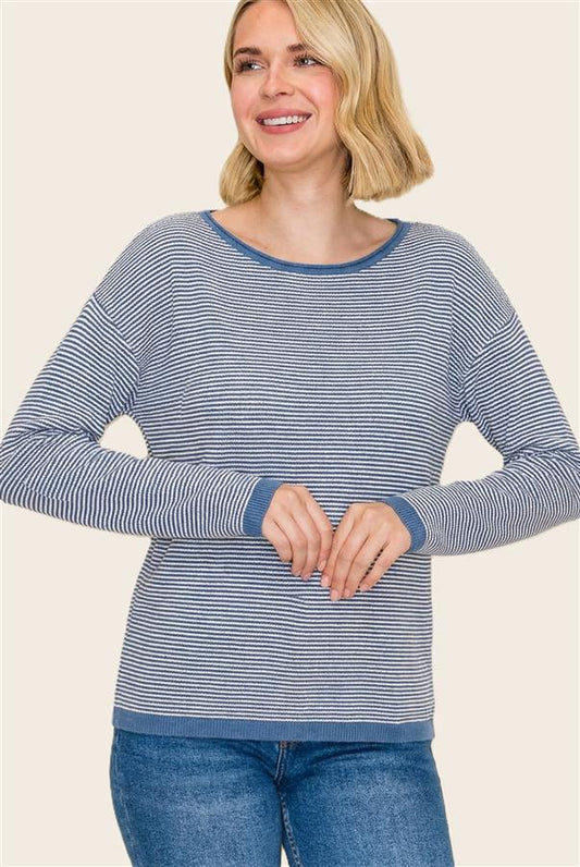 Dover Waffle Texture Pinstripe Wide Crew Neck Long Sleeve Sweater