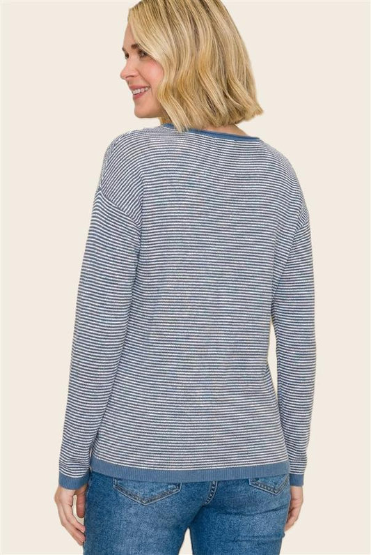 Dover Waffle Texture Pinstripe Wide Crew Neck Long Sleeve Sweater