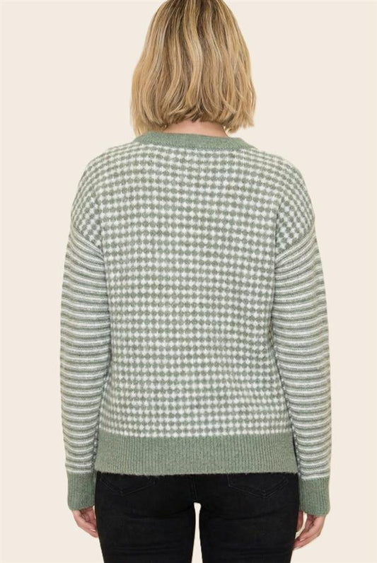 Checkerboard and Stripe Mixed Long Sleeve Super Soft Pullover Sweater