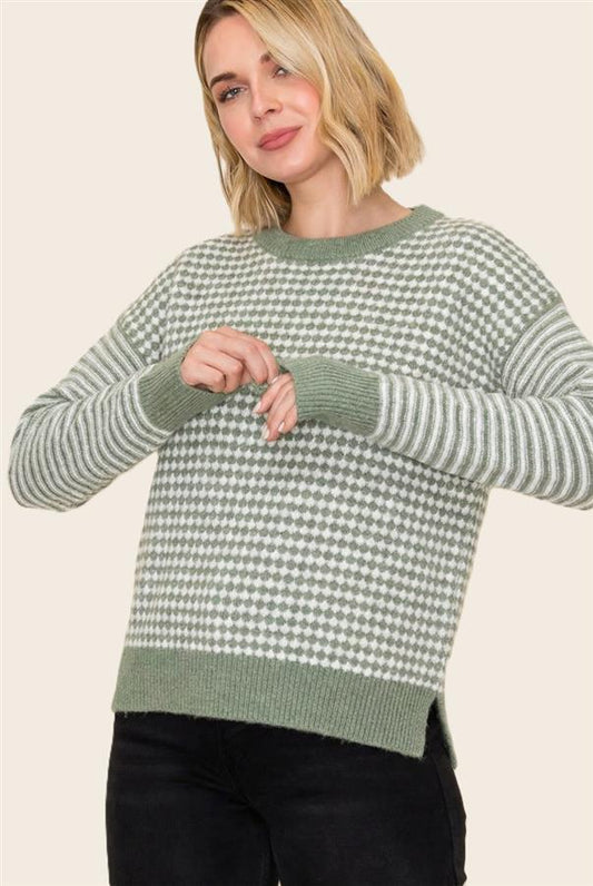 Checkerboard and Stripe Mixed Long Sleeve Super Soft Pullover Sweater