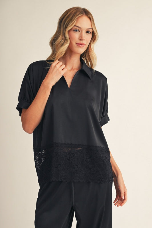 Wedding Lace Hem Detail Solid Satin Top