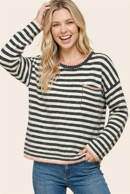 Pop Color Blanket Stitch Chest Pocket Long Sleeve Striped Sweater