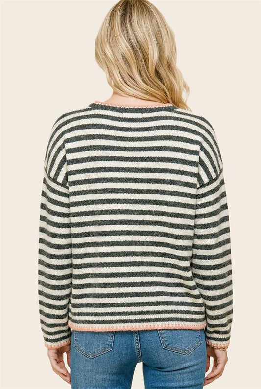 Pop Color Blanket Stitch Chest Pocket Long Sleeve Striped Sweater