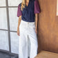 Liam Short Bubble Sleeve Embroidered Color Block Top