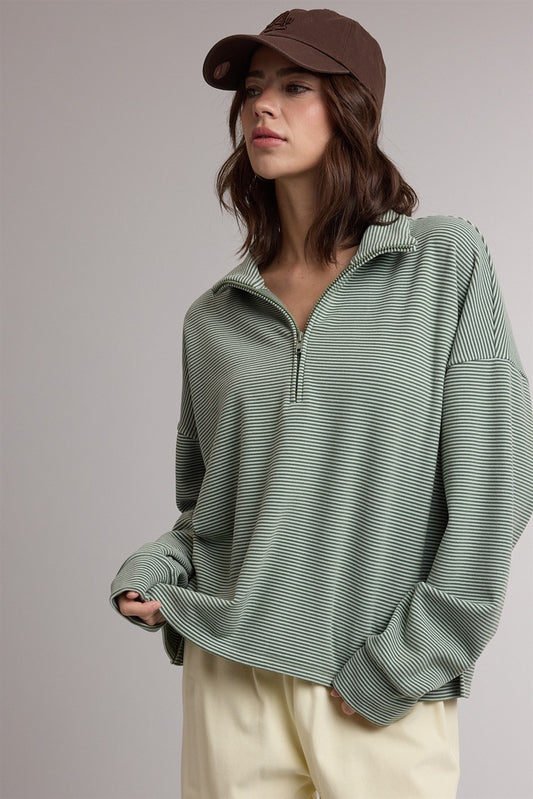 Benefit Striped Half Zip Up Knit Pullover
