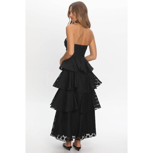 Elegance Black Polka Dot Strapless Tiered Maxi Dress
