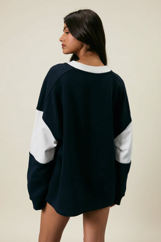 Crisscross Drawstring USA Long Sleeve Crew Neck Color Blocked Oversized Shirts