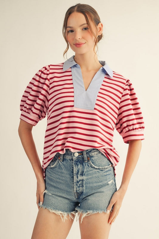 Andy Solid Contrast Detail Stripe Top
