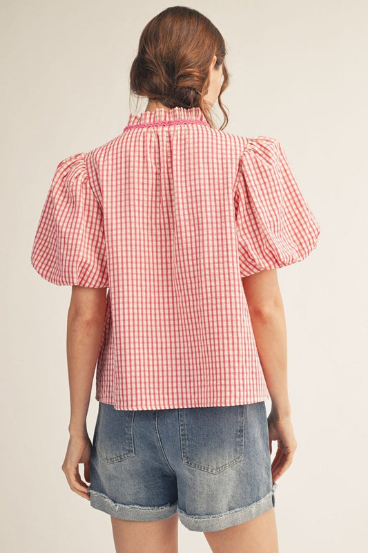 Wyatt Pleated Ruffle Neckline Gingham Check Top