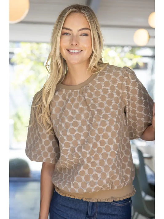 Zoey Textured Polka Dot Rib Banded Bubble Sleeve Top