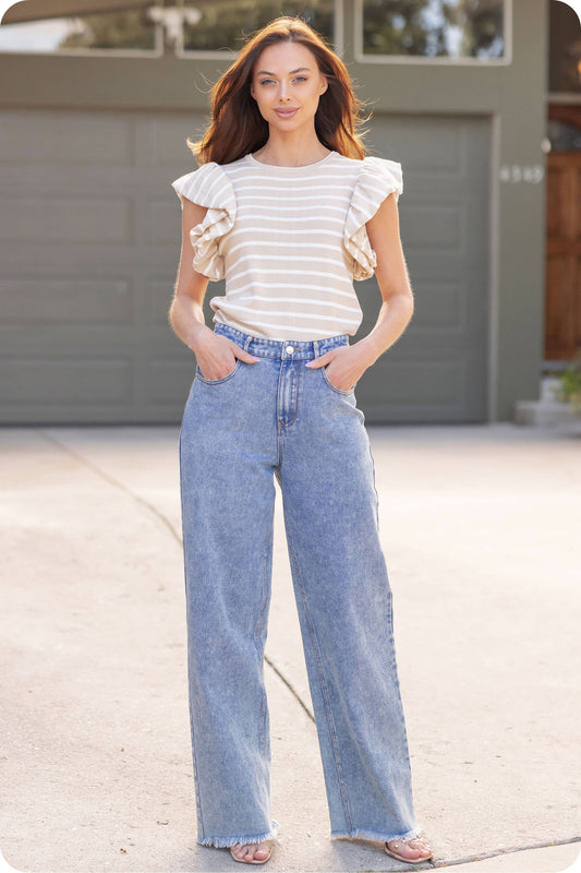 Berea Layered Flutter Short Sleeve Stripe Top