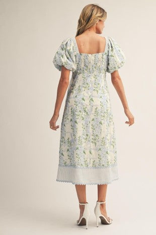 Elaine Puff Sleeves Floral Print Lovely Midi Dress