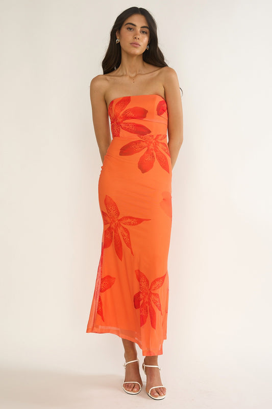 Madison Strapless Bandeau Floral Midi Dress