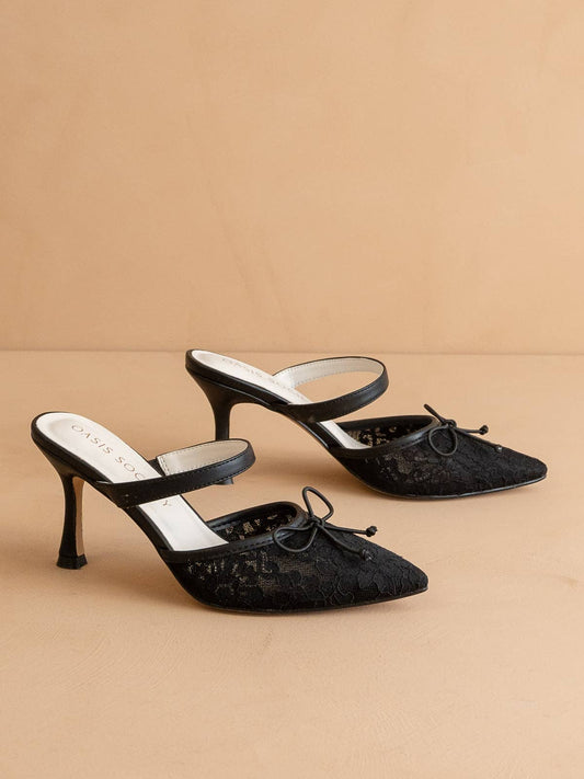 The Katie | Black Lace Pointed Toe Mid Heel Fall Mule