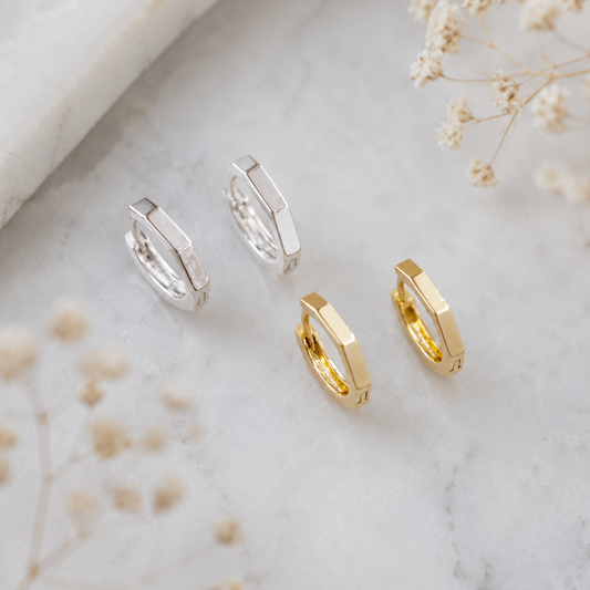 Hexagon Huggie Earrings - Gold or Silver