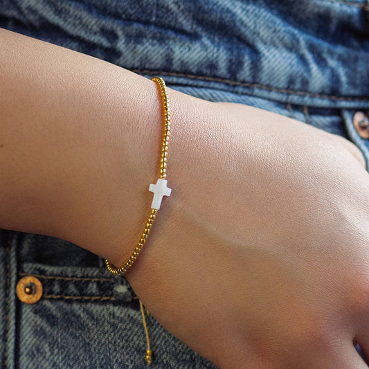 Intentions Cross Adjustable Bracelet with Mother of Pearl