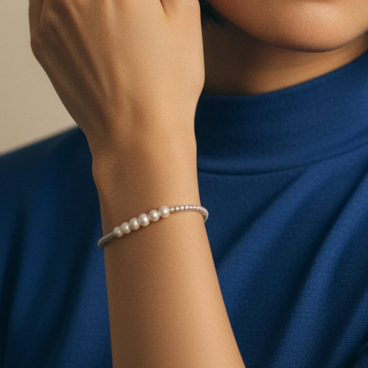 Silver Plated Row Pearl Beaded Stretch Bracelet
