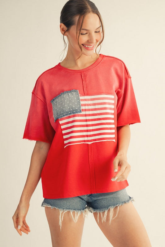 July American Flag Patched Casual Wash Top American Flag Patched Casual Wash Top  R7154