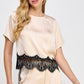 Hopins Lace Trim Short Sleeve Satin Tee Top