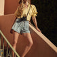 Tara Drawstring Waist Flare Denim Shorts