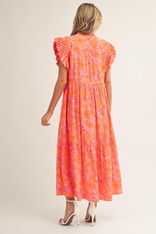 Regan Ruffle Sleeves Tropical Floral Midi Dress