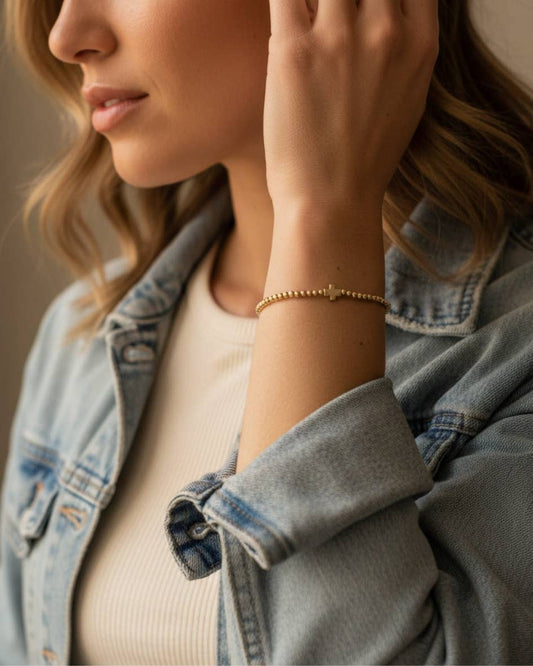 Faith Over Fear Gold Beaded Stretch Bracelet w/ Cross