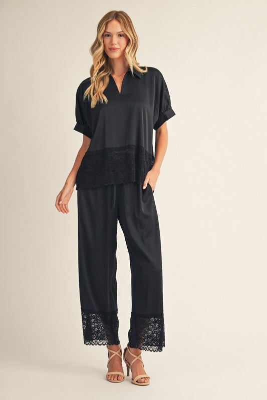 Wedding Lace Hem Detail Solid Satin Top