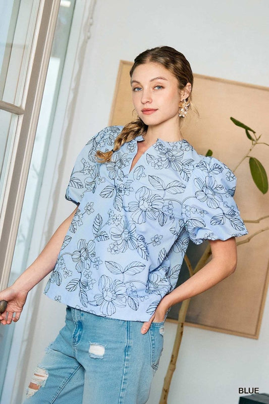 Foreside Embroidered Floral Print Blouse