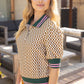 Golden Quarter Button Stripe Band Checker Print Knit Top