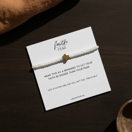 Faith Over Fear 3mm Faceted Moonstone Cross Bracelet