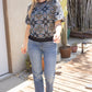Ornamental Tile Band Detail Embroidered Print Top