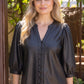 Celebration 3/4th Sleeve Button Down Solid Faux Leather Top