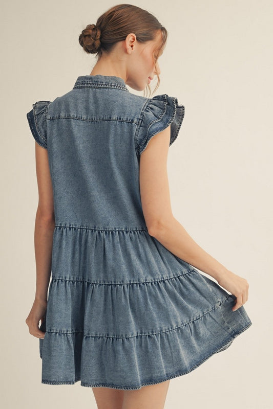 True Button Down Tiered Washed Denim Dress