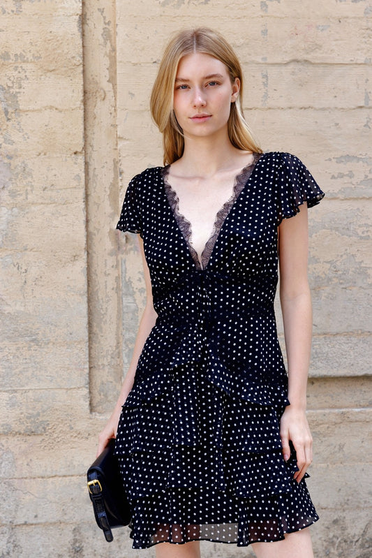 Taos Polka Dot Lace Trim Tiered Mini Dress