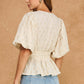 Somerset Dotted Textured Puff Sleeve Tie Waist Peplum Top