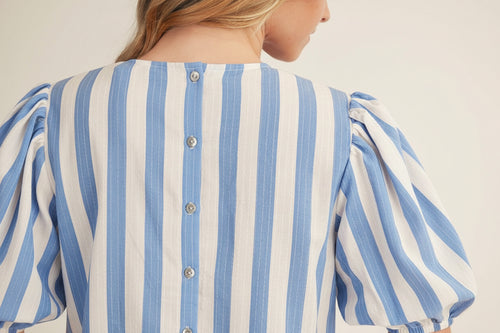 Charity Puff Sleeves Button Back Stripe Top