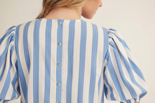 Charity Puff Sleeves Button Back Stripe Top