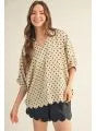 Cab Drop Shoulder Half Dolman Sleeve Polka Dot Top