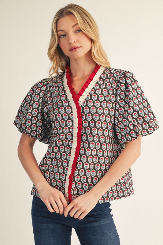 Follow Color Contrast Ruffle Detail Floral Top