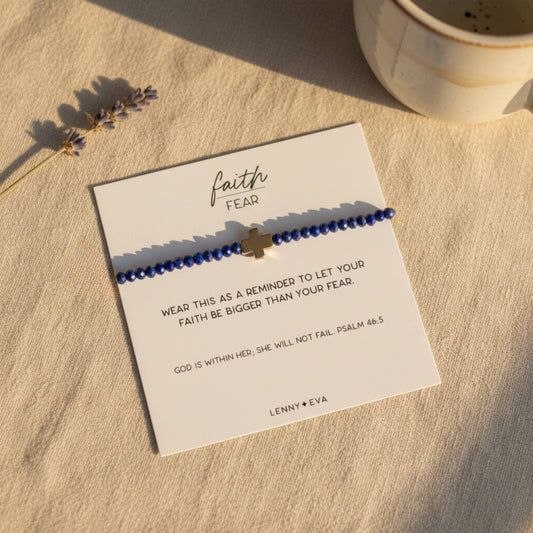 Faith Over Fear Cross Stretch Bracelet – Lapis Lazuli, 3mm