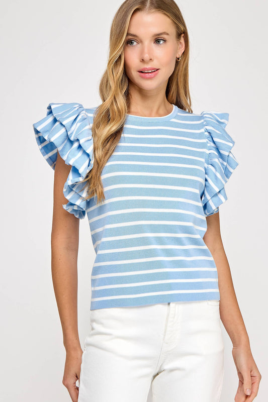 Berea Layered Flutter Short Sleeve Stripe Top