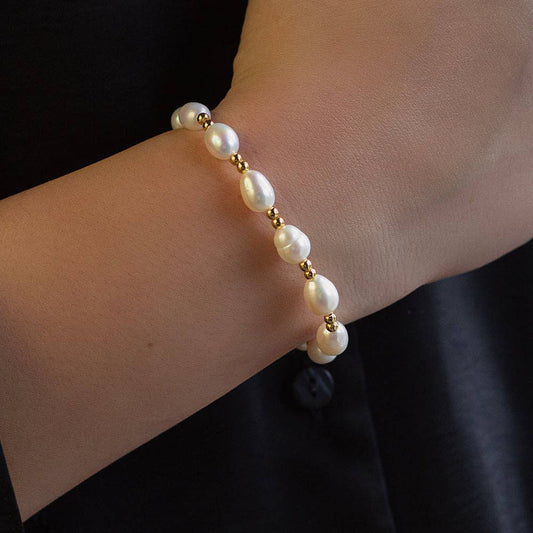 Tarnish Resistant Pearl & Gold Duo Beaded Stretch Bracelet
