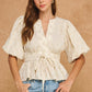 Somerset Dotted Textured Puff Sleeve Tie Waist Peplum Top
