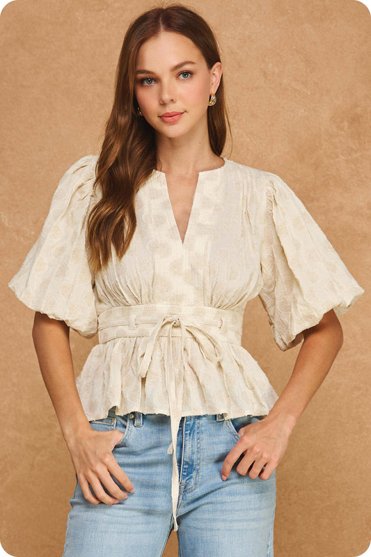 Somerset Dotted Textured Puff Sleeve Tie Waist Peplum Top