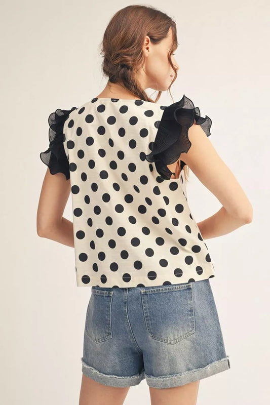 Button Dot Ruffle Sleeve Blouse