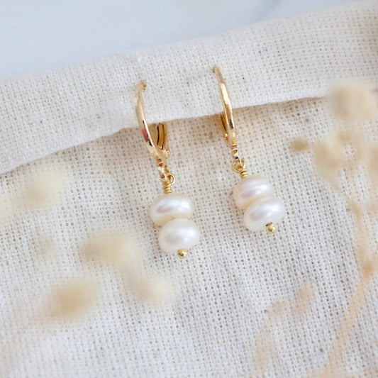 Double Pearl Drop Huggie Earrings