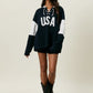 Crisscross Drawstring USA Long Sleeve Crew Neck Color Blocked Oversized Shirts