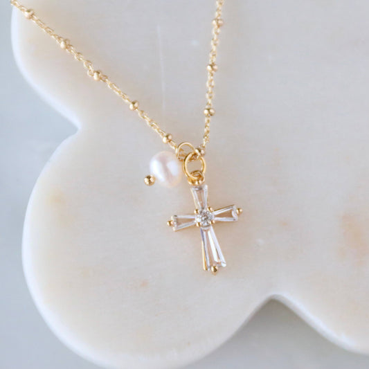 Pearl, CZ Cross Necklace 