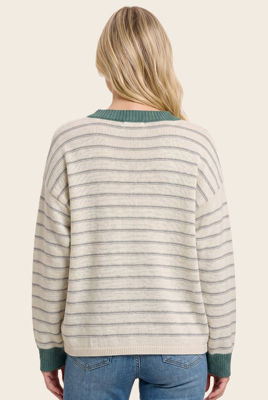 Jade Color Accent V Neck Sweater