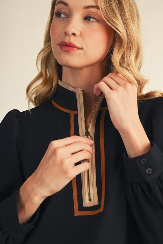 Evanston Color Contrast Trim Accent Front Zip Up Casual Top